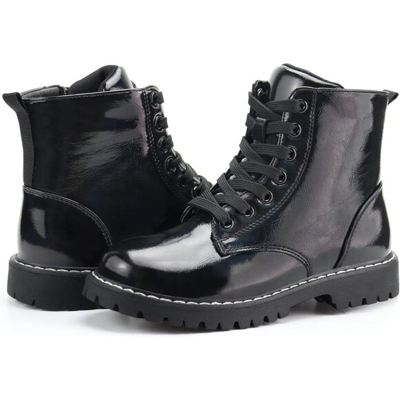 Kids Black Ankle Boots Boys Girls Side Zipper Lace Up Work Boots Combat Boots - Picture 4 of 7